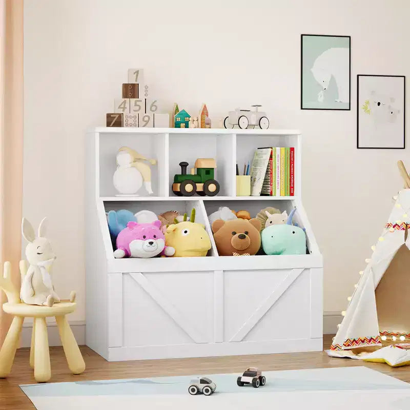 Libreria e contenitore per giocattoli per bambini – Bianco antico / Grigio / Bianco, 1 bambino, con armadietto e ripiani
