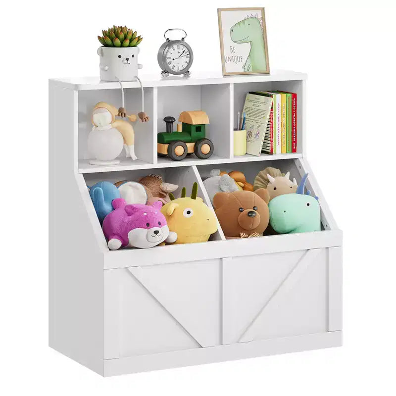Libreria e contenitore per giocattoli per bambini – Bianco antico / Grigio / Bianco, 1 bambino, con armadietto e ripiani