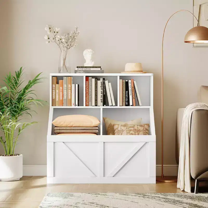 Libreria e contenitore per giocattoli per bambini – Bianco antico / Grigio / Bianco, 1 bambino, con armadietto e ripiani