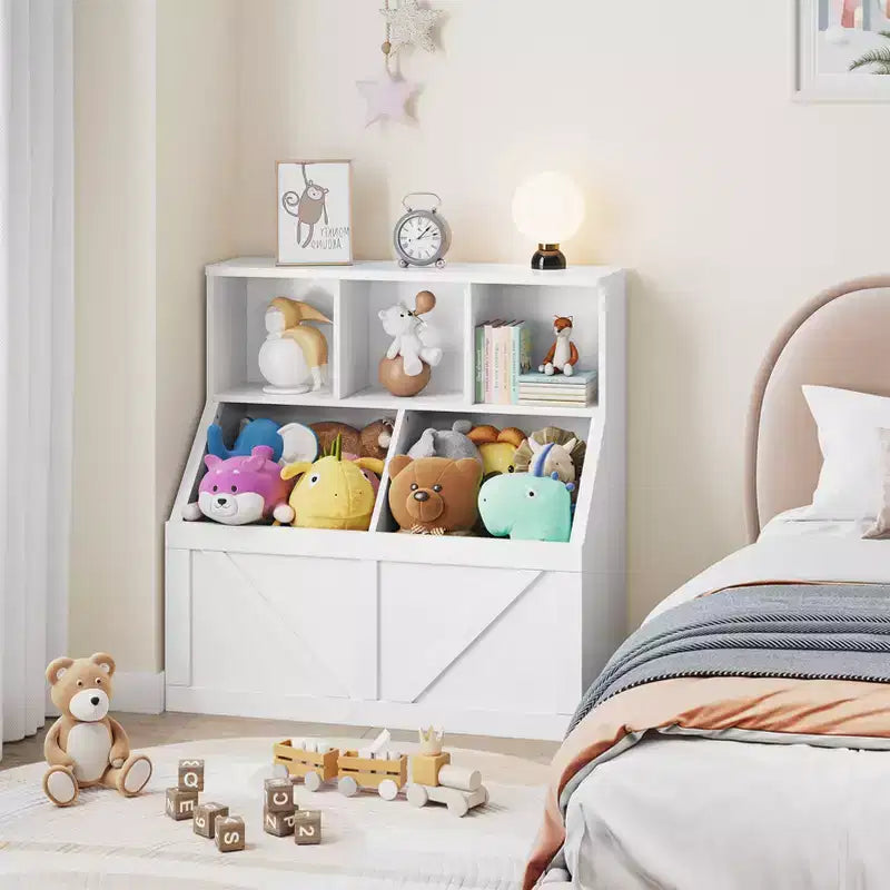Libreria e contenitore per giocattoli per bambini – Bianco antico / Grigio / Bianco, 1 bambino, con armadietto e ripiani