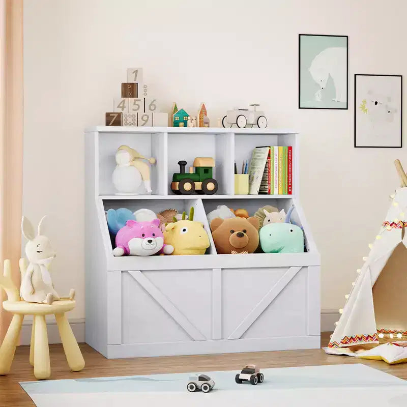 Libreria e contenitore per giocattoli per bambini – Bianco antico / Grigio / Bianco, 1 bambino, con armadietto e ripiani