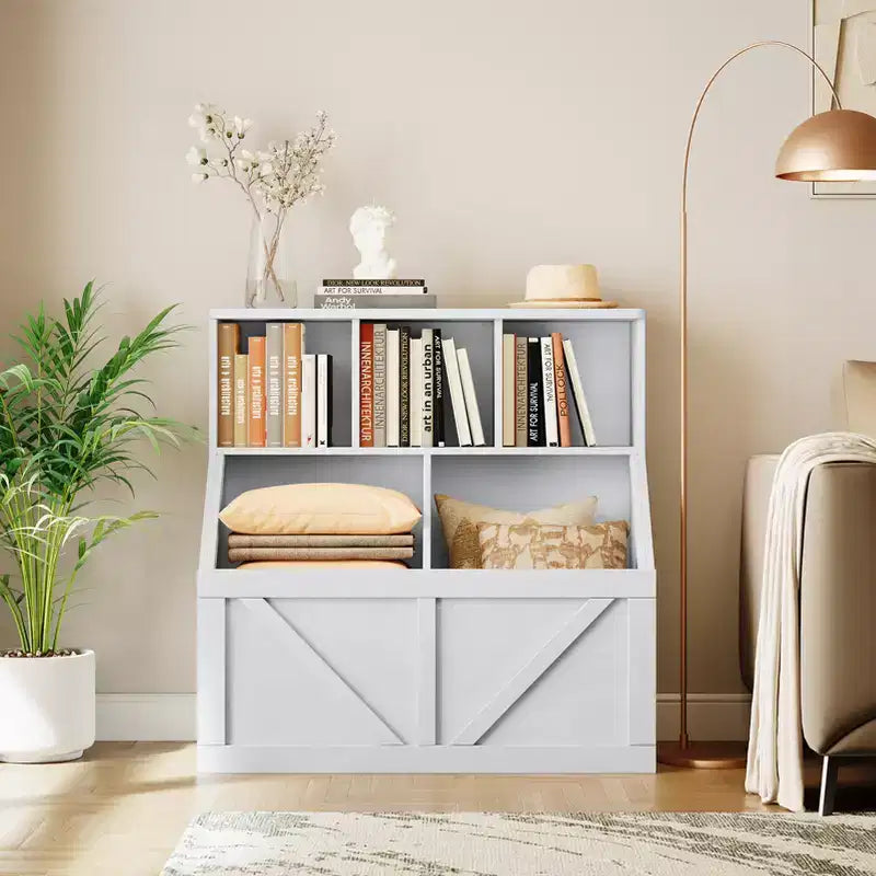 Libreria e contenitore per giocattoli per bambini – Bianco antico / Grigio / Bianco, 1 bambino, con armadietto e ripiani