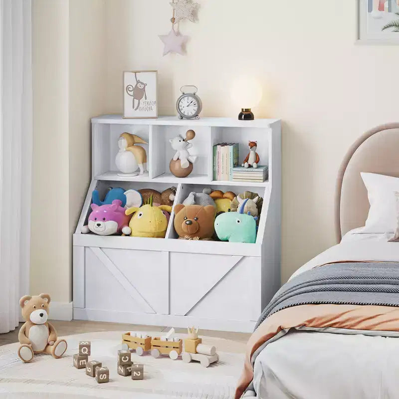 Libreria e contenitore per giocattoli per bambini – Bianco antico / Grigio / Bianco, 1 bambino, con armadietto e ripiani