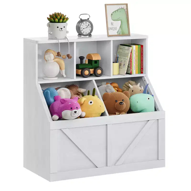 Libreria e contenitore per giocattoli per bambini – Bianco antico / Grigio / Bianco, 1 bambino, con armadietto e ripiani
