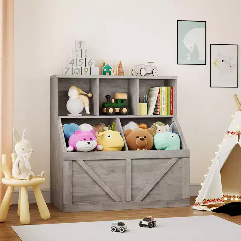 Libreria e contenitore per giocattoli per bambini – Bianco antico / Grigio / Bianco, 1 bambino, con armadietto e ripiani