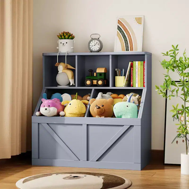 Libreria e contenitore per giocattoli per bambini – Bianco antico / Grigio / Bianco, 1 bambino, con armadietto e ripiani