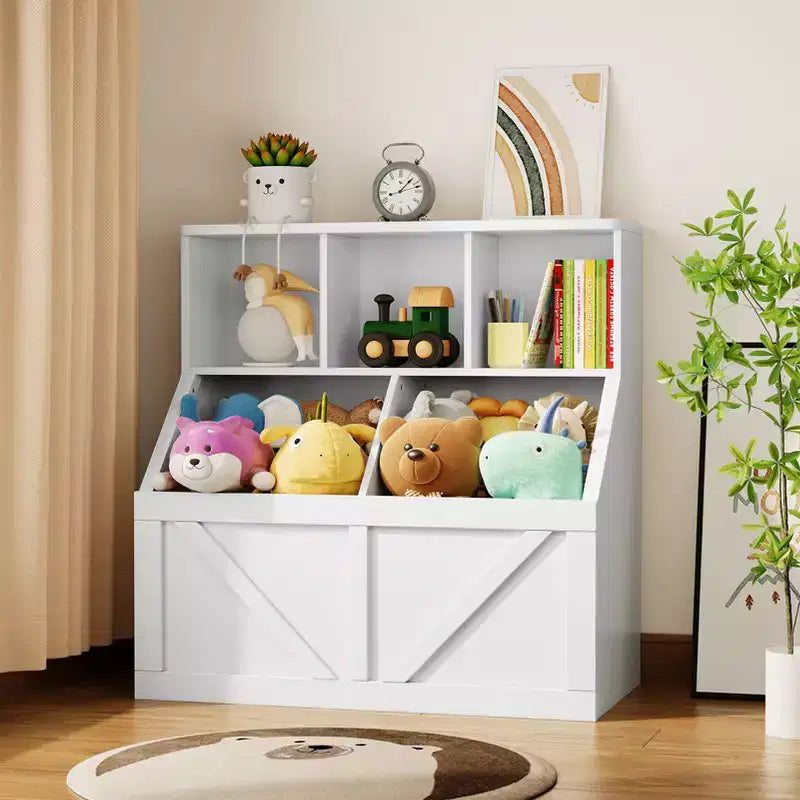 Libreria e contenitore per giocattoli per bambini – Bianco antico / Grigio / Bianco, 1 bambino, con armadietto e ripiani