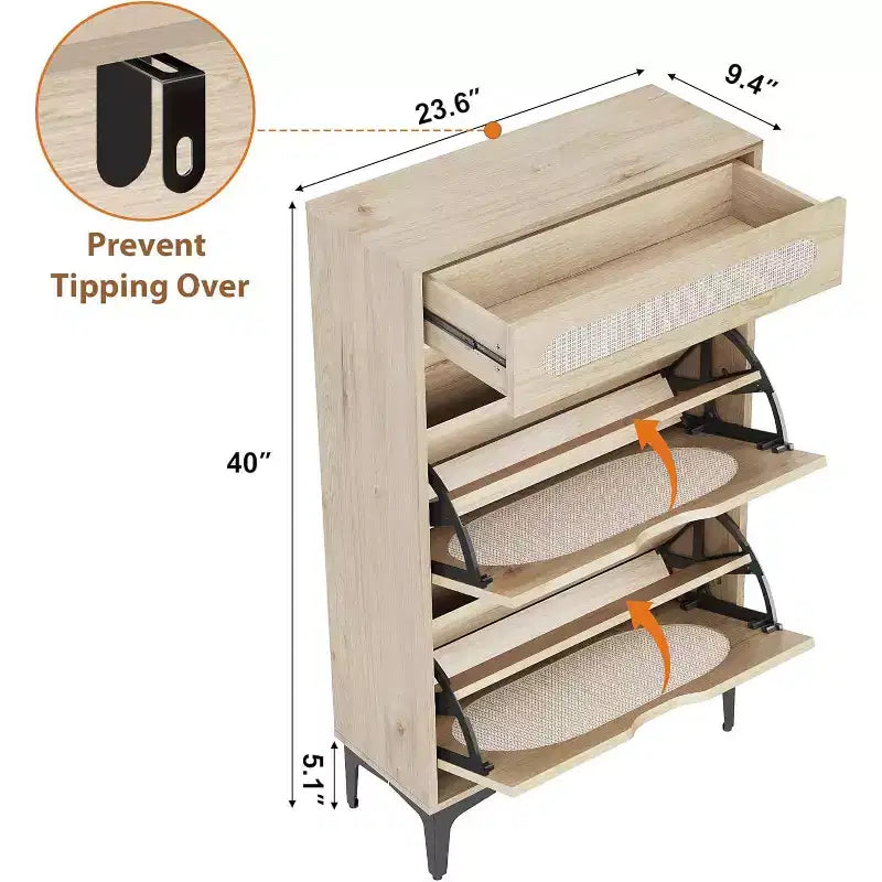 Scarpiere Nere / Quercia in Rattan con Cassetti a Ribalta e Estraibili, Gambe in Metallo – Contiene 10 Paia