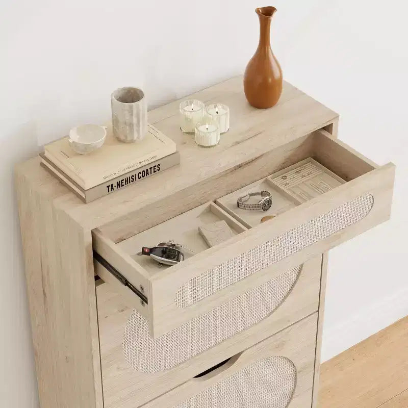 Scarpiere Nere / Quercia in Rattan con Cassetti a Ribalta e Estraibili, Gambe in Metallo – Contiene 10 Paia