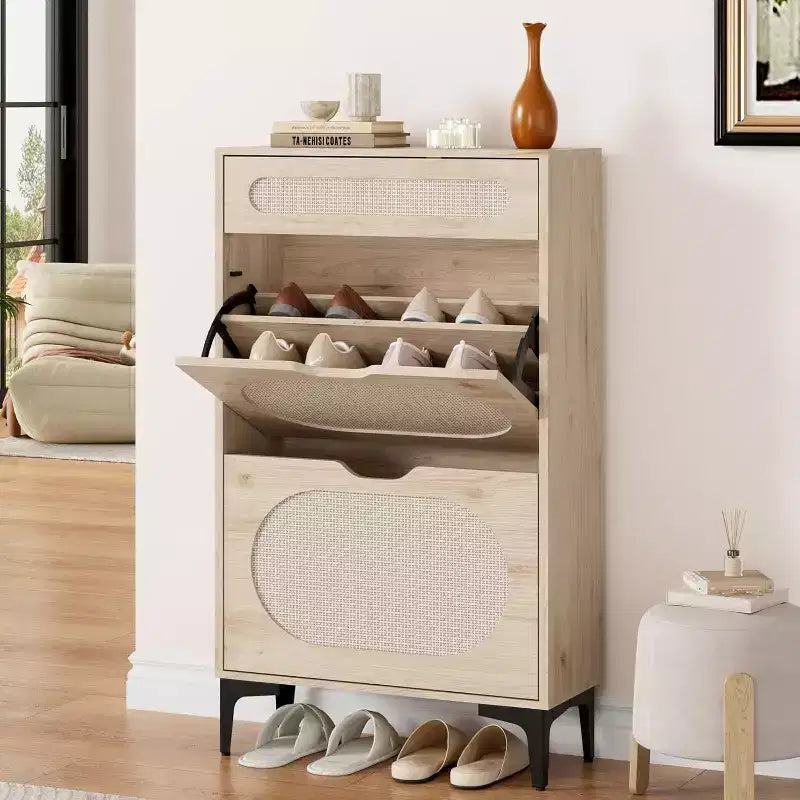 Scarpiere Nere / Quercia in Rattan con Cassetti a Ribalta e Estraibili, Gambe in Metallo – Contiene 10 Paia