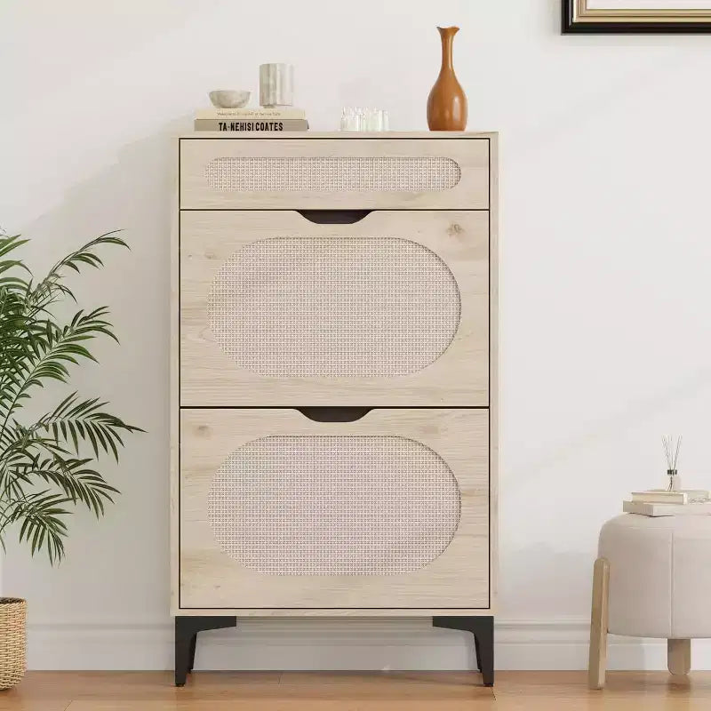 Scarpiere Nere / Quercia in Rattan con Cassetti a Ribalta e Estraibili, Gambe in Metallo – Contiene 10 Paia