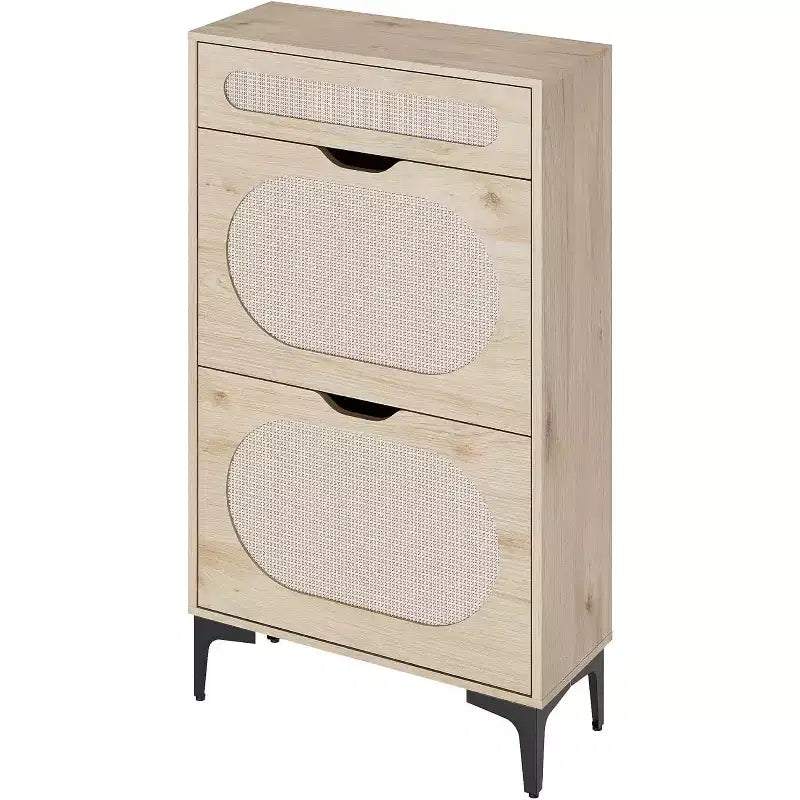 Scarpiere Nere / Quercia in Rattan con Cassetti a Ribalta e Estraibili, Gambe in Metallo – Contiene 10 Paia