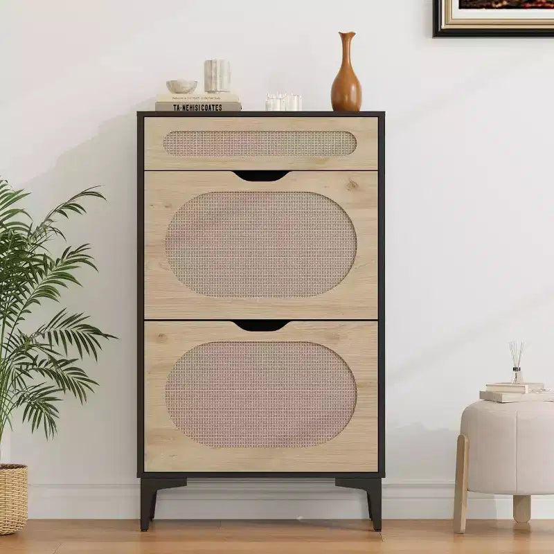 Scarpiere Nere / Quercia in Rattan con Cassetti a Ribalta e Estraibili, Gambe in Metallo – Contiene 10 Paia