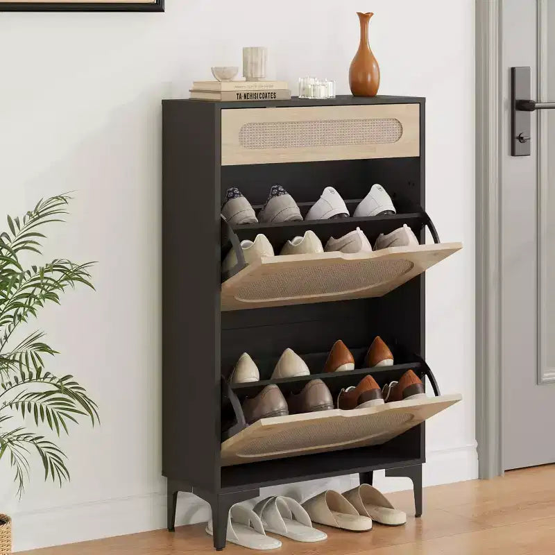 Scarpiere Nere / Quercia in Rattan con Cassetti a Ribalta e Estraibili, Gambe in Metallo – Contiene 10 Paia