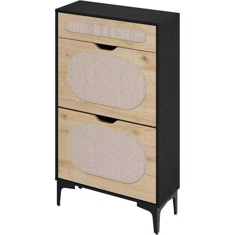 Scarpiere Nere / Quercia in Rattan con Cassetti a Ribalta e Estraibili, Gambe in Metallo – Contiene 10 Paia