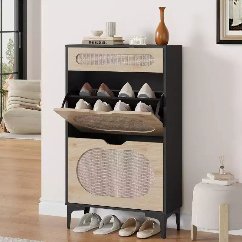 Shoe Cabinet,Rattan Shoe Storage with 2 Flip Drawer & Pull-Out Drawer,Heavy Duty Metal Leg,Adjustment Shelf,Entryway Shoe Organizers & Sotrage