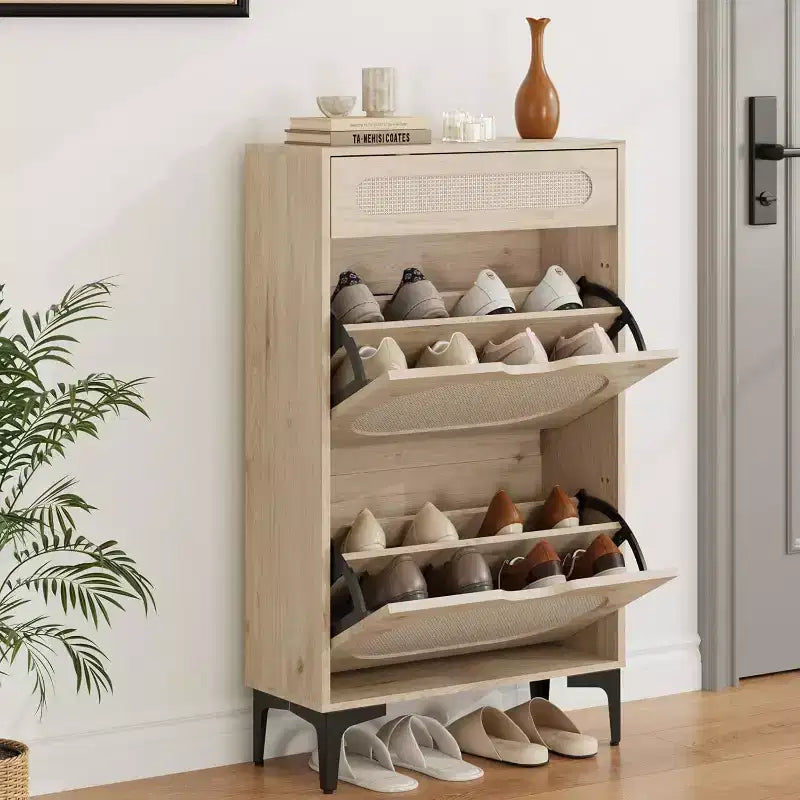 Scarpiere Nere / Quercia in Rattan con Cassetti a Ribalta e Estraibili, Gambe in Metallo – Contiene 10 Paia
