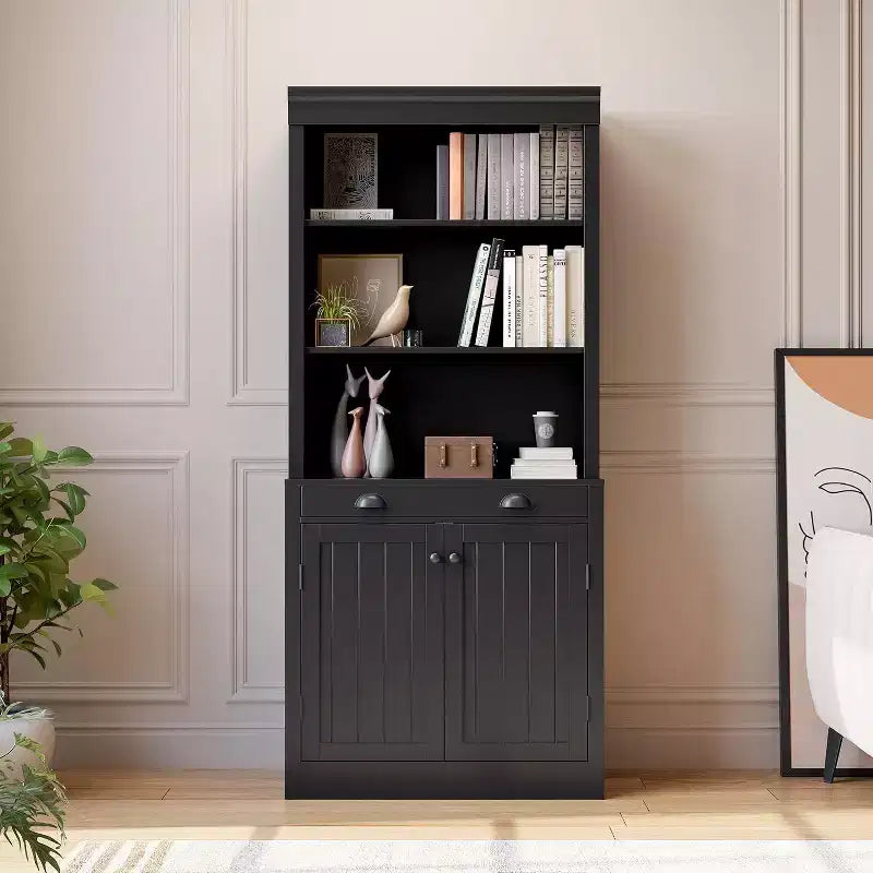 Libreria moderna bianca e nera con ante a persiana, cassetti e armadietti – Montaggio per 1 persona