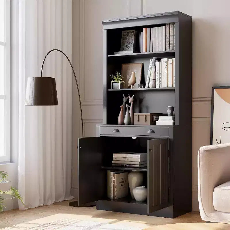Acekool Modern Bookcase with Louvered Doors, Adjustable Shelves, Drawer & Cabinet, Safety Anti-Tip