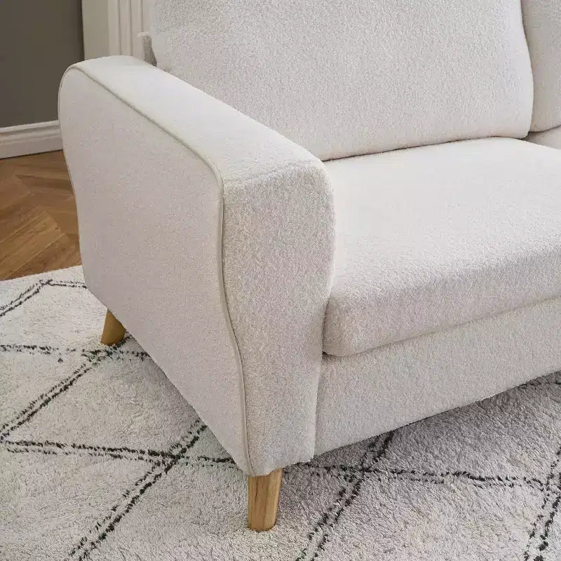 Divano Bouclé 84", 3 Posti, Beige / Blu Scuro, Gambe in Legno