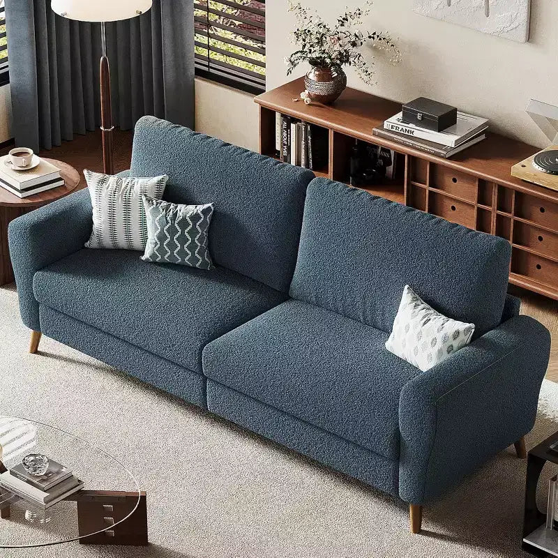 Divano Bouclé 84", 3 Posti, Beige / Blu Scuro, Gambe in Legno