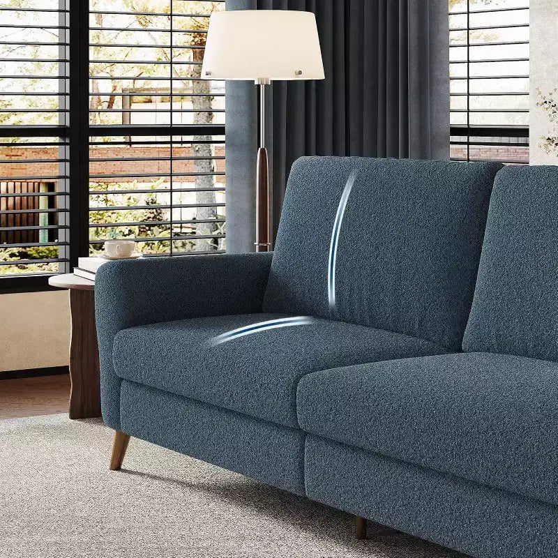 Divano Bouclé 84", 3 Posti, Beige / Blu Scuro, Gambe in Legno