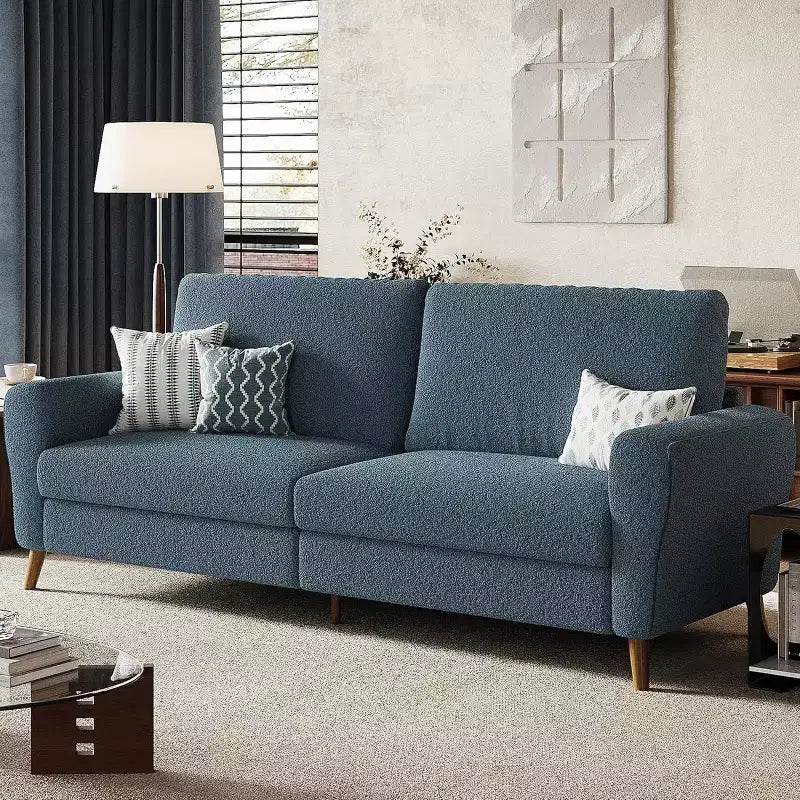 Divano Bouclé 84", 3 Posti, Beige / Blu Scuro, Gambe in Legno