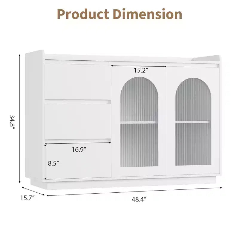 Coolmee Mobile Credenza da 48 Pollici, Mobile Contenitore Moderno con 3 Cassetti, Madia Illuminata con Ante in Vetro, Mobile Bar per Cucina, Sala da Pranzo