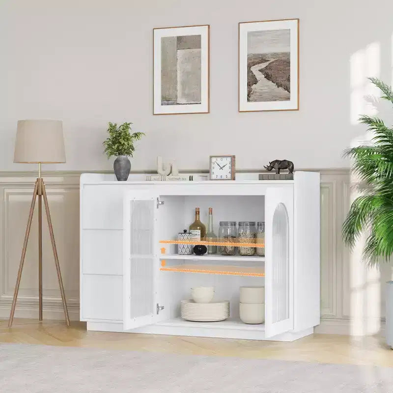 Coolmee Mobile Credenza da 48 Pollici, Mobile Contenitore Moderno con 3 Cassetti, Madia Illuminata con Ante in Vetro, Mobile Bar per Cucina, Sala da Pranzo