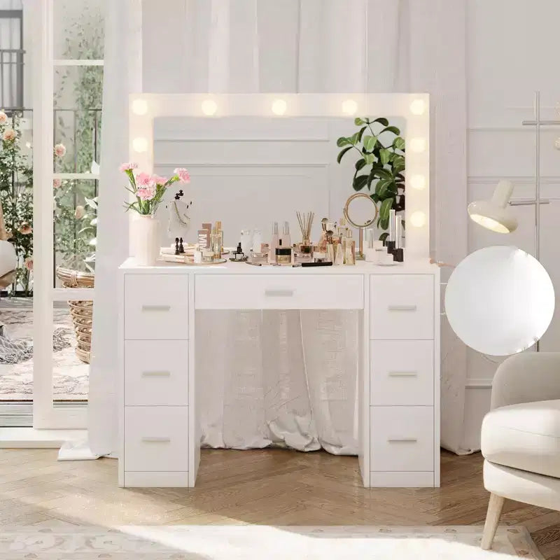 Scrivania da trucco bianca illuminata con specchio, 7 cassetti, 1 persona