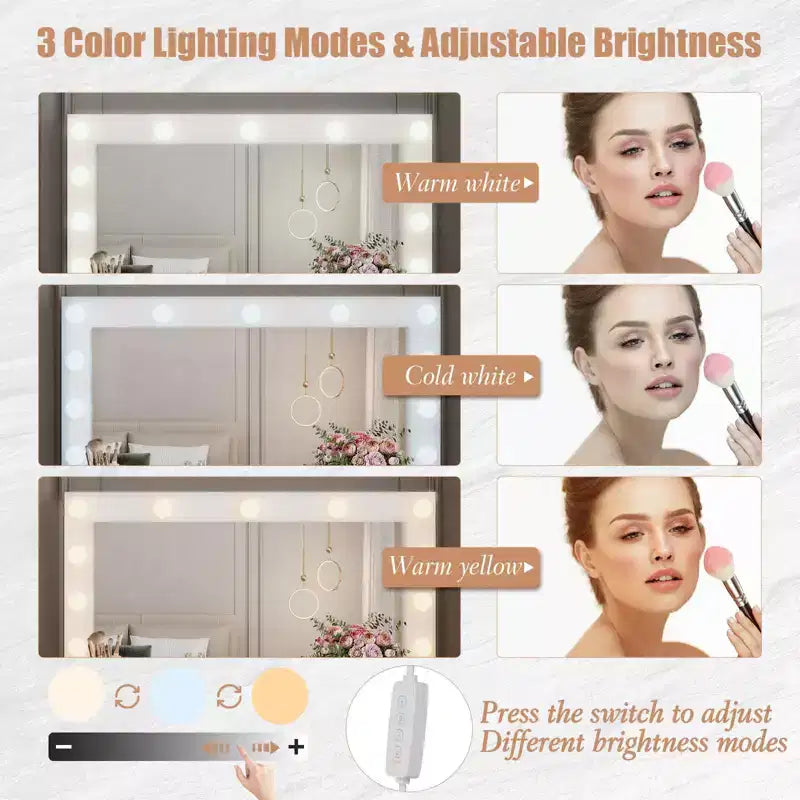 Scrivania da trucco bianca illuminata con specchio, 7 cassetti, 1 persona