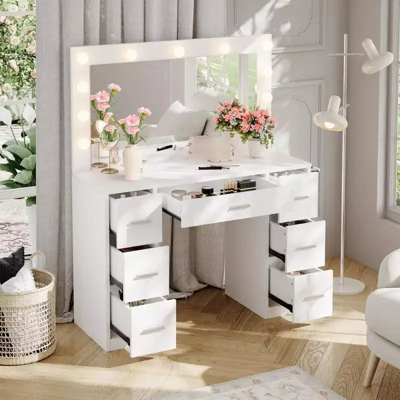 Scrivania da trucco bianca illuminata con specchio, 7 cassetti, 1 persona