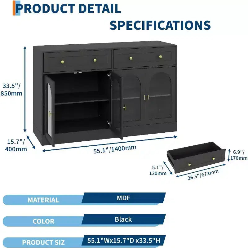 Credenza a buffet Bicolore (bianco e nero) da 55" con 4 ante in acrilico e 2 cassetti, per 1-2 utenti