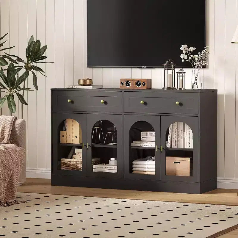 Credenza a buffet Bicolore (bianco e nero) da 55" con 4 ante in acrilico e 2 cassetti, per 1-2 utenti