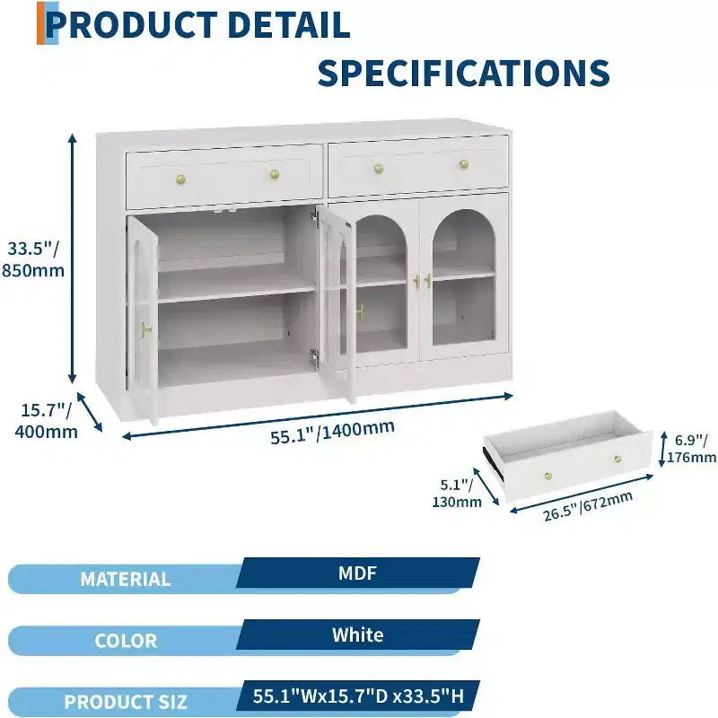Credenza a buffet Bicolore (bianco e nero) da 55" con 4 ante in acrilico e 2 cassetti, per 1-2 utenti