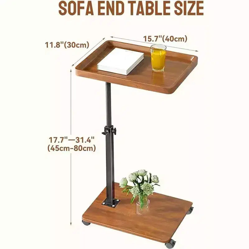Tavolino Finale a C in Noce e Colore Legno con Ruote – Altezza Regolabile, Girevole a 360°, 1 Persona