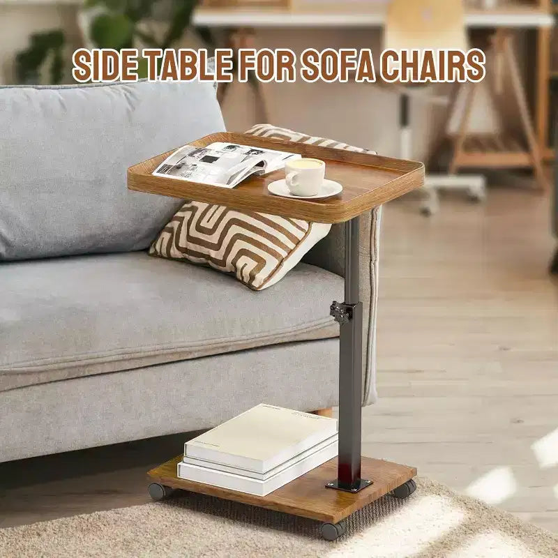 Tavolino Finale a C in Noce e Colore Legno con Ruote – Altezza Regolabile, Girevole a 360°, 1 Persona