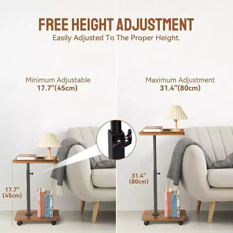 Tavolino Finale a C in Noce e Colore Legno con Ruote – Altezza Regolabile, Girevole a 360°, 1 Persona