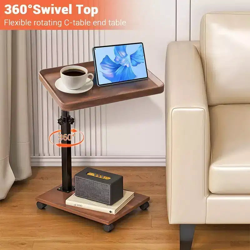 Tavolino Finale a C in Noce e Colore Legno con Ruote – Altezza Regolabile, Girevole a 360°, 1 Persona
