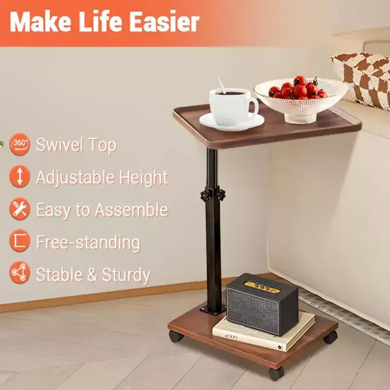 Tavolino Finale a C in Noce e Colore Legno con Ruote – Altezza Regolabile, Girevole a 360°, 1 Persona