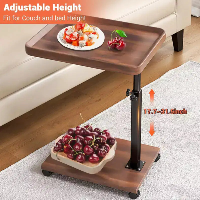Tavolino Finale a C in Noce e Colore Legno con Ruote – Altezza Regolabile, Girevole a 360°, 1 Persona