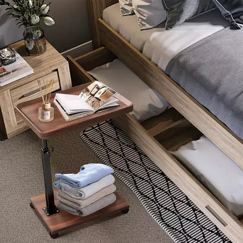 Tavolino Finale a C in Noce e Colore Legno con Ruote – Altezza Regolabile, Girevole a 360°, 1 Persona
