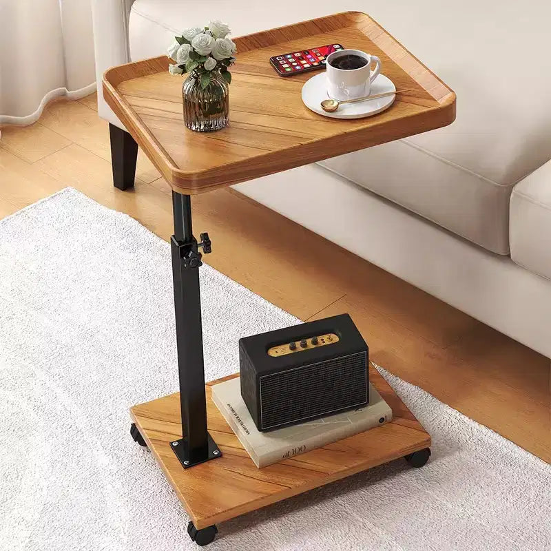 Tavolino Finale a C in Noce e Colore Legno con Ruote – Altezza Regolabile, Girevole a 360°, 1 Persona