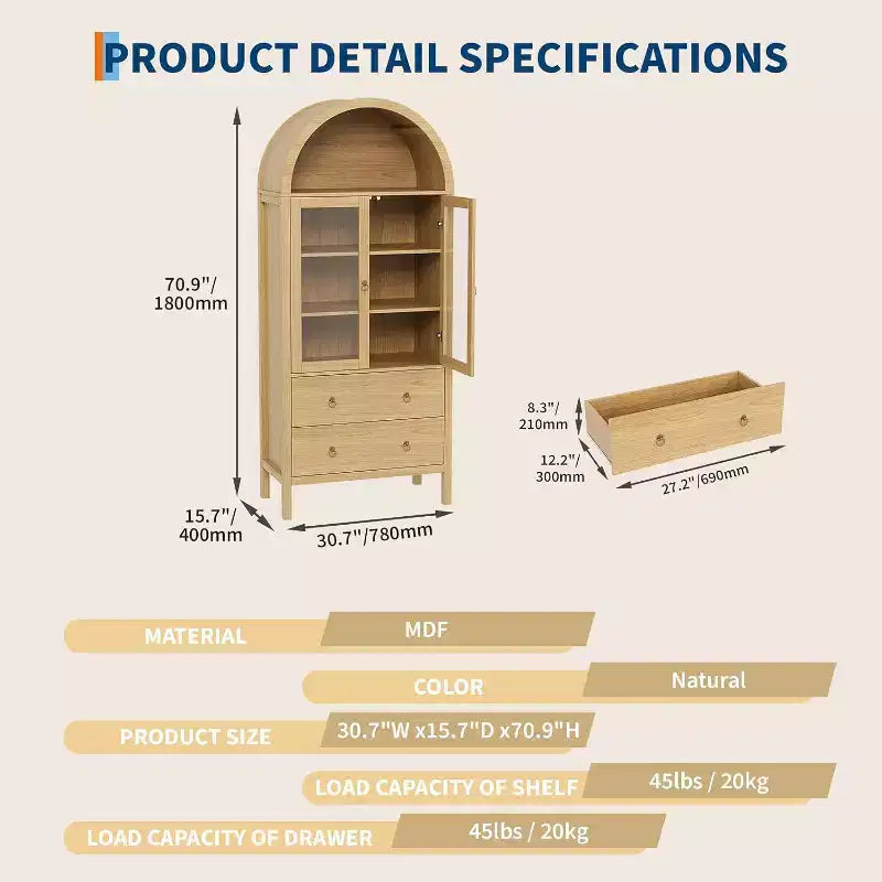 Dispensa ad arco in legno naturale, 2 cassetti, per 1 persona, indipendente