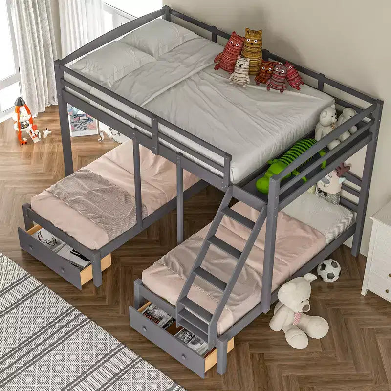Letto a castello triplo grigio con cassetti, dimensioni full sopra e due singoli sotto, per 3 persone