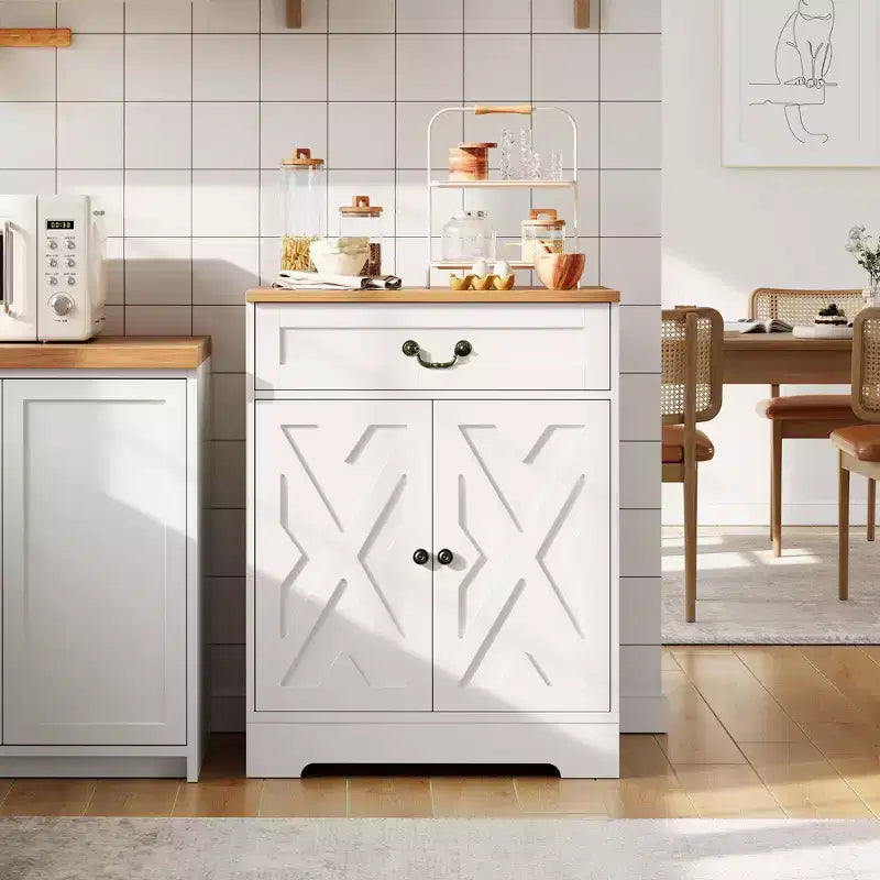Mobile da caffè da fattoria bianco con ante e cassetti, Credenza portaoggetti in legno, Ripiano regolabile, Capacità 150 LB