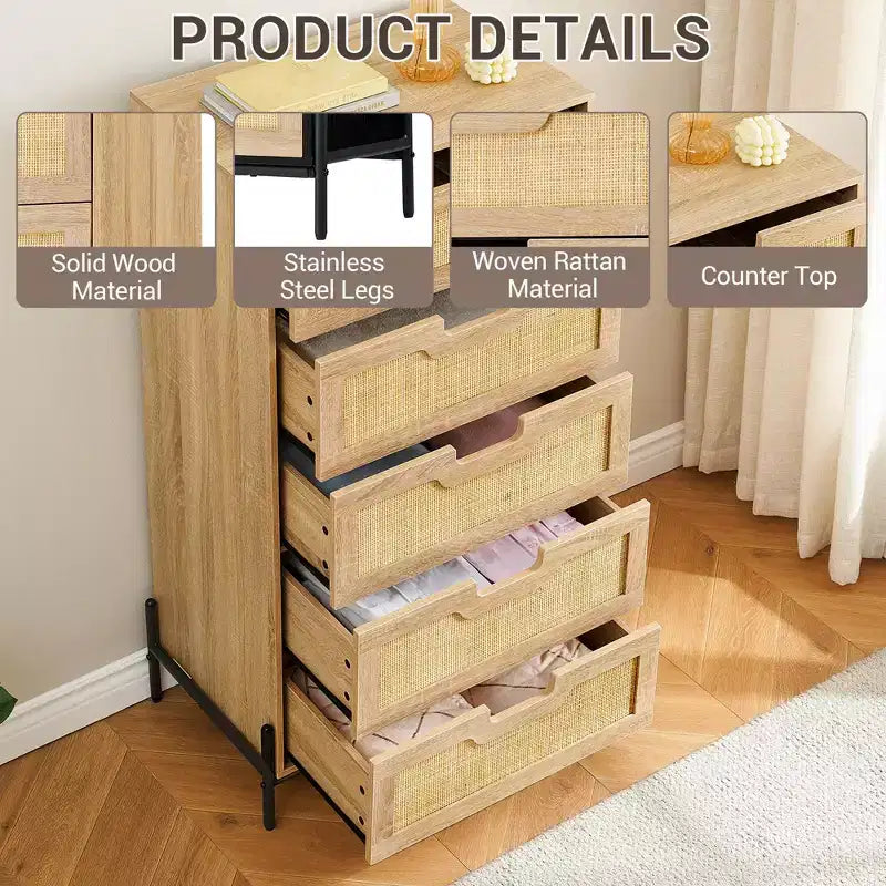 Comodino a 5 cassetti in rattan con gambe, colore nero e rovere / rovere – Utente singolo