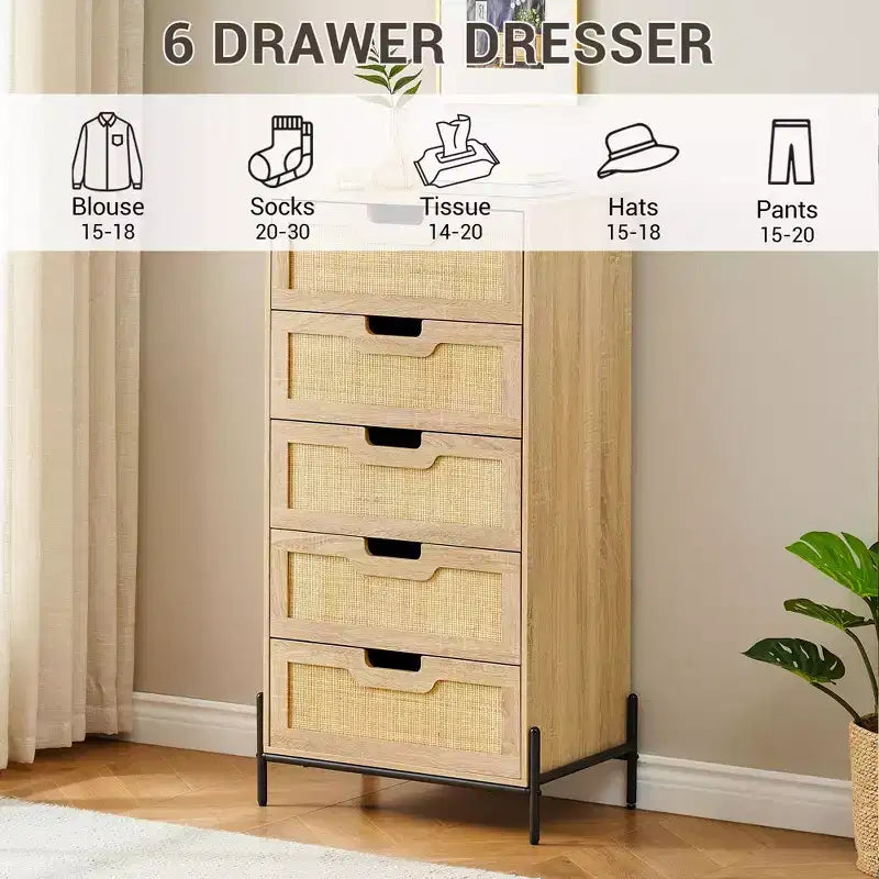 Comodino a 5 cassetti in rattan con gambe, colore nero e rovere / rovere – Utente singolo