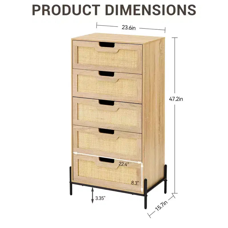 Comodino a 5 cassetti in rattan con gambe, colore nero e rovere / rovere – Utente singolo