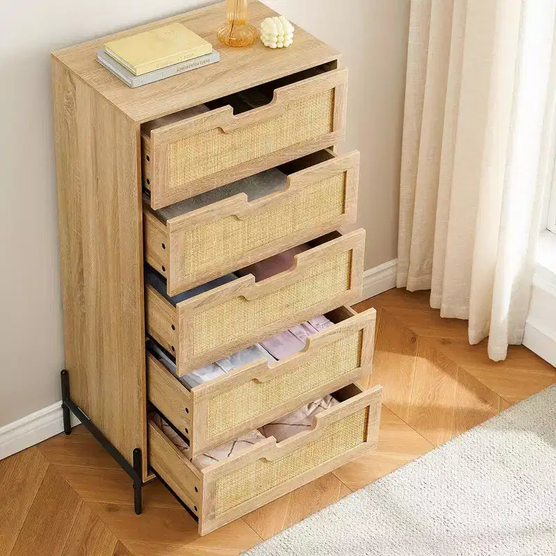 Comodino a 5 cassetti in rattan con gambe, colore nero e rovere / rovere – Utente singolo